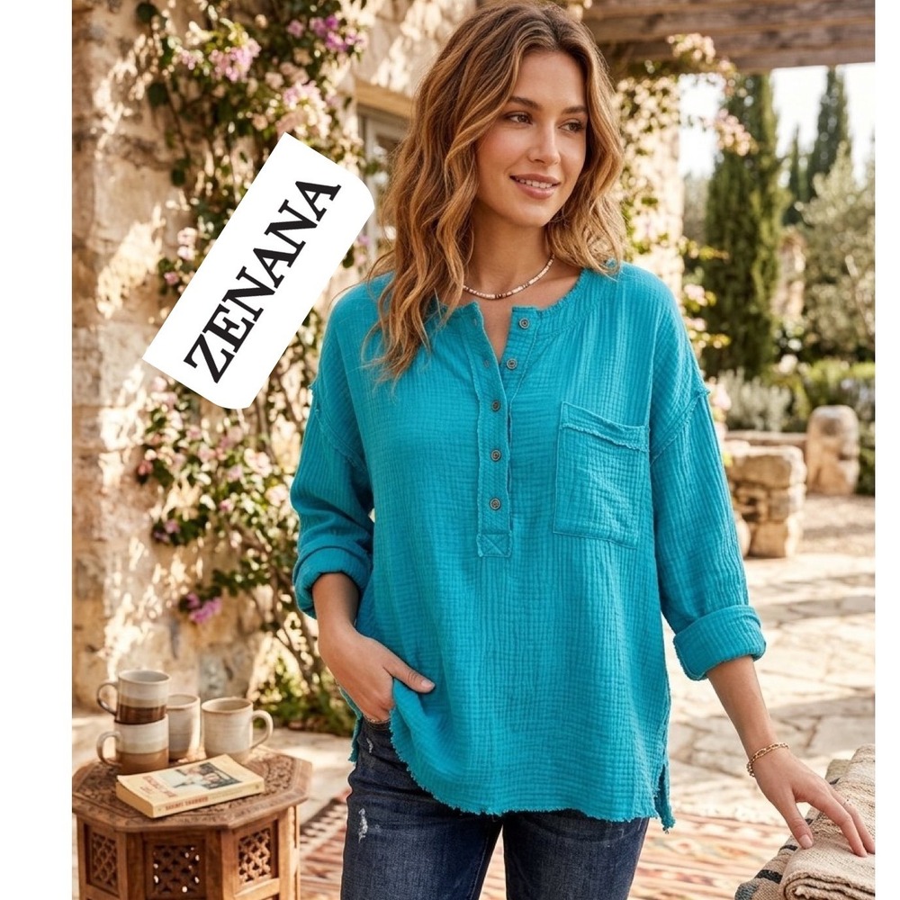 Zenana Teal Blue Cotton Gauze Henley Top Raw Edge Oversized S/M Boho Minimalist